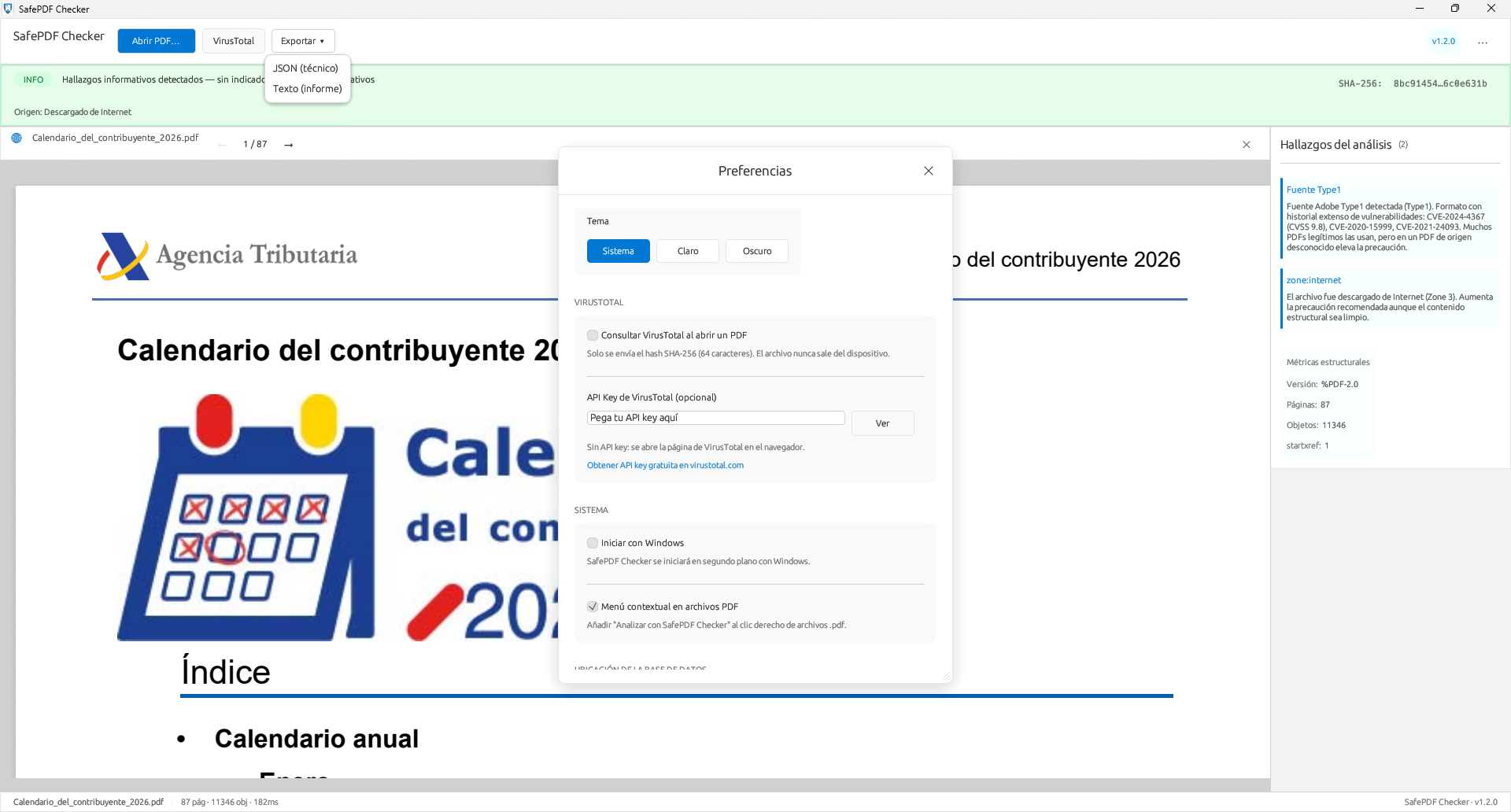 Captura de pantalla de SafePDF Checker mostrando un análisis con veredicto Limpio y lista de hallazgos